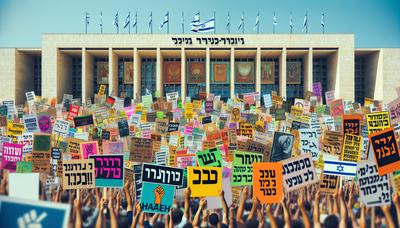 Protestschilder vor dem Regierungsgebäude in Israel