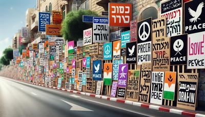 Placas de protesto em Israel exigindo mudança e paz.