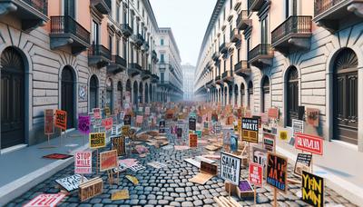 Cartelli di protesta per strada a Milano durante la manifestazione.