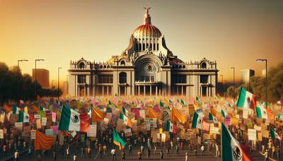 Protestborden buiten het Mexicaanse Congresgebouw met vlaggen