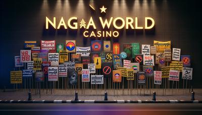 Pancartes de protestation devant le casino NagaWorld au Cambodge.