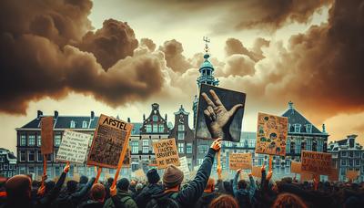 Protestborden onder de bewolkte hemel van Amsterdam.