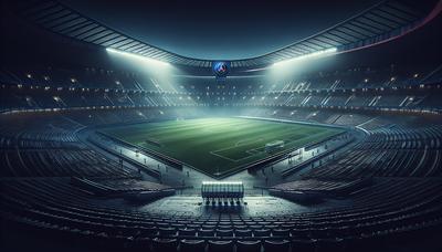 Stade du PSG la nuit avec un banc de joueurs vide.