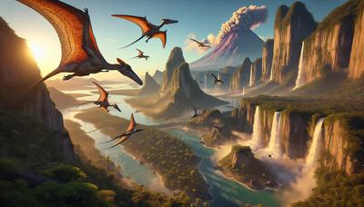 Pterodactylus verwanten zwevend over prehistorisch landschap.