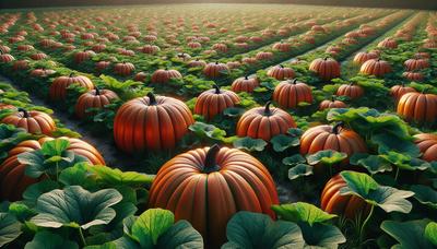 Calabazas en un campo con hojas verdes y saludables.