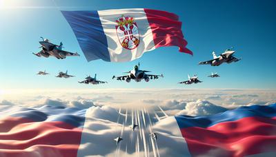 Rafales avec des drapeaux français et serbe en arrière-plan