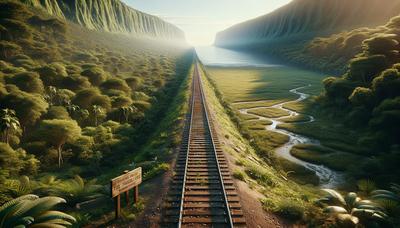 Trilhos de trem atravessam uma área intocada de terras tribais, sinalizando o limite.

