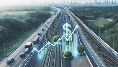 Eisenbahnschienen und Autobahn mit Finanzwachstumssymbolen