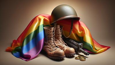 Drapeau arc-en-ciel sur des bottes militaires et un casque.