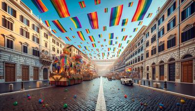 Bandiere arcobaleno e carri festivi sfilano per le strade di Roma.

