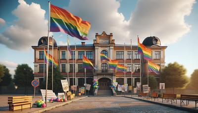 Regnbågsflaggor och protestskyltar utanför bulgarisk skola.

