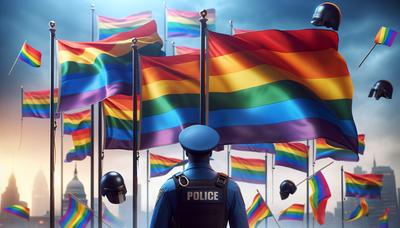 Regenbogenflaggen von Polizisten geschützt. Bewachte Feier.