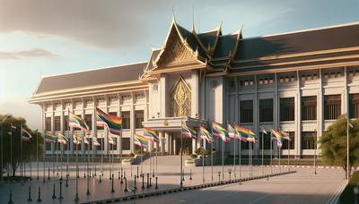 Bandiere arcobaleno sventolano davanti al Senato thailandese.

