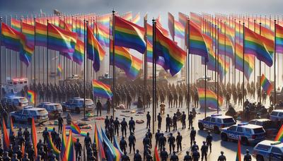 Regenbogenflaggen mit starker Polizeipräsenz im Hintergrund