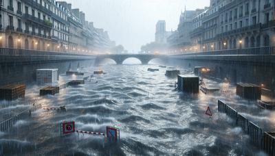 Seine sous la pluie avec des panneaux de signalisation et des barrières.