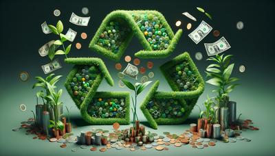 Recyclingsymbolen verstrengeld met planten en geld.