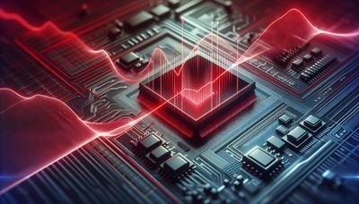 Grafico delle azioni in calo con icone dei semiconduttori.