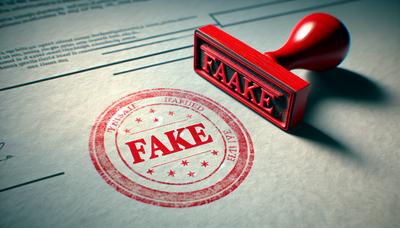 Rode stempel gemarkeerd met 'FAKE' over officieel document.