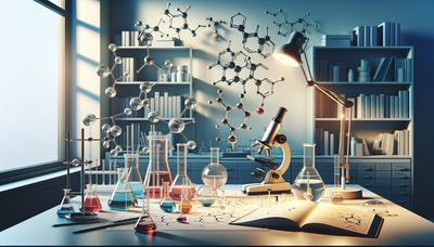 Entspannter Arbeitsbereich mit Chemiewerkzeugen und Strukturformeln