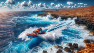 Barco de rescate acercándose a mares agitados cerca de la costa de Lampedusa.