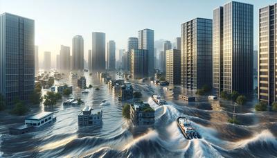 Barcos de resgate navegando em águas de enchente em meio a edifícios submersos.