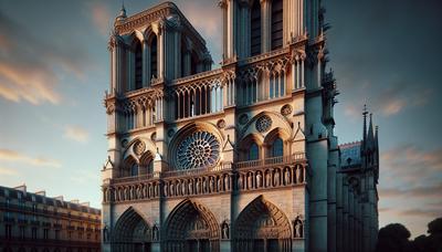 Extérieur de la cathédrale Notre-Dame restaurée avec éclairage du soir.