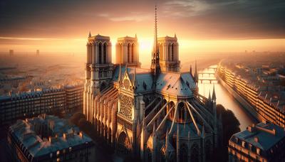 Extérieur de la cathédrale Notre-Dame restauré avec éclairage au coucher du soleil.