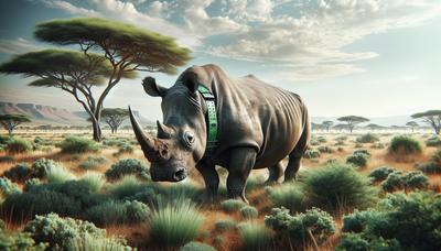 Rinoceronte com colar de rastreamento em reserva sul-africana.