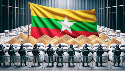 Sacos de arroz y bandera de Myanmar con barreras policiales