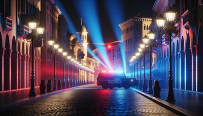 Rimini paesaggio urbano notturno con luci della polizia.