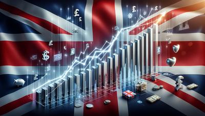 イギリス国旗の上に上昇するグラフと金融アイコン。