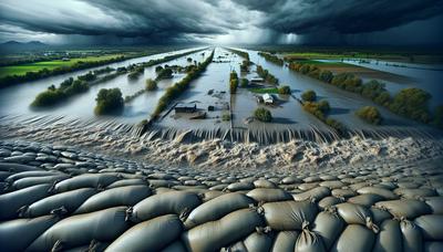 Steigende Flusspegel überfluten die Landschaft, Sandsäcke sind im Einsatz.