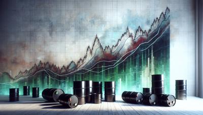 Graphiques boursiers en hausse et barils de pétrole symbolisant la croissance.