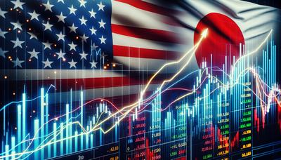 "Gráficos de mercado de ações em alta com bandeiras do Japão e dos EUA"