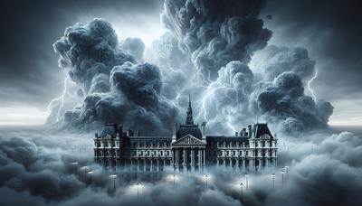 Nuages d'orage montants au-dessus d'un bâtiment du parlement français.