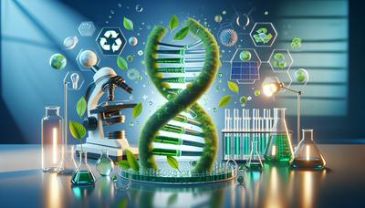 RNA-sträng med miljövänliga symboler och laboratorieutrustning.

