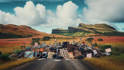 Barrage routier en Nouvelle-Calédonie avec des pancartes de protestation.