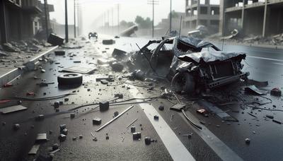 Conséquences d'une bombe en bord de route avec véhicule endommagé et débris.