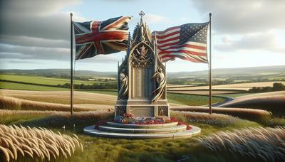 Straßenranddenkmal mit sichtbaren britischen und amerikanischen Flaggen