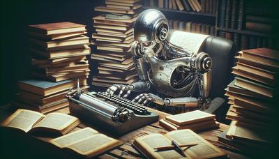 Robot che scrive a macchina con libri impilati.