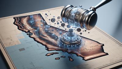 Martelete robótico atinge mapa da Califórnia e símbolos de IA.