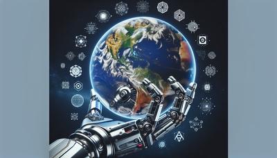 "Main robotique tenant un globe entouré de logos"