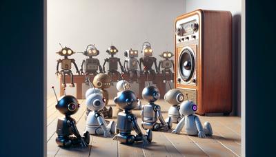 Robot che ascoltano attentamente un altoparlante stereo.