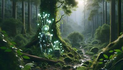 Robot con sensori di micelio luminoso in una foresta.