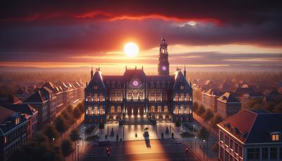 Stadhuis van Roermond met ondergaande zon op de achtergrond