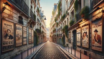 Rues parisiennes romantiques avec des affiches de films vintage.