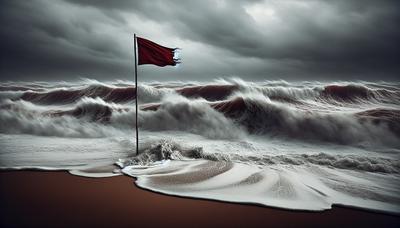 Mare mosso con bandiera rossa di avvertimento sulla spiaggia.