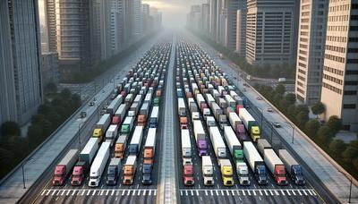 Rangées de camions bloquant une autoroute urbaine fréquentée.