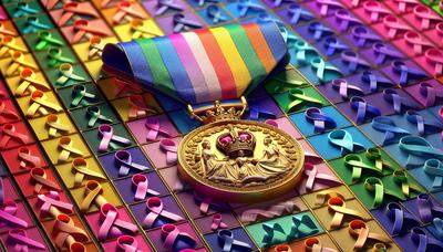 Koninklijke medaille tegen kleurrijke symbolen ter ondersteuning van kinderkanker.