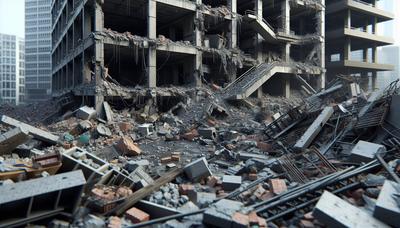 Puinhopen en puin van verwoeste gebouwen in de stad Gaza.